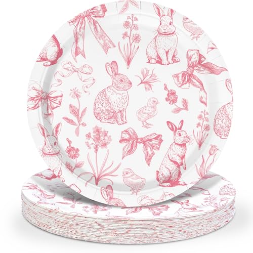AnyDesign 40 Pcs Easter Bunny Paper Plates 9 Inch Disposable Plates Pink Bow Rabbit Flower Chick Party Tableware for Spring Birthday Baby Shower Table Decor Supplies