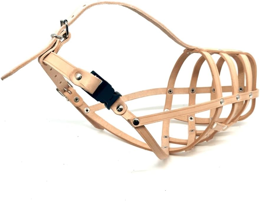 L&J Pets Uk Light Genuine Leather Dog Muzzle for Doberman Pinscher - Secure Lightweight Basket Design for Long Snouts - Adjustable Anti-Bite, Bark & Chew Training Mask for Large Breeds (D3, Natural)