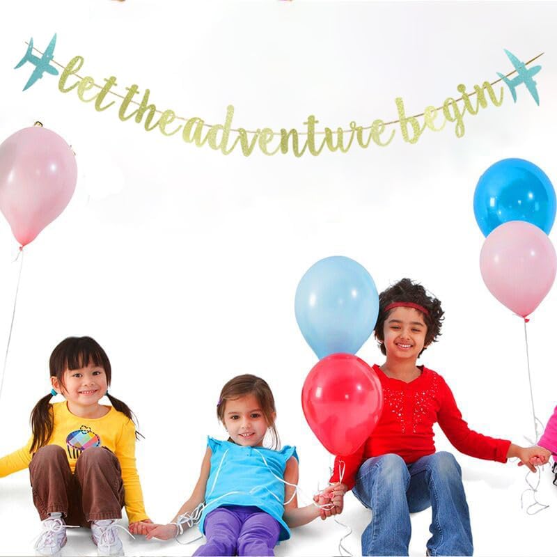Miniatura 3 de KUNGOON Cartel de Let The Adventure Begin con avión con purpurina azul, tema de viaje mudanzadespedidagraduaciónbaby shower, cumpleaños, fiesta de