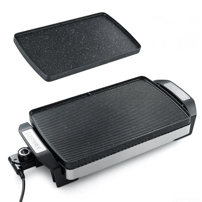 COSTWAY Plancha Eléctrica Barbacoa 1500 W, Placa Reversible Antiadherente | Parrilla Grill de Asar con Temperatura Ajustable, Asas Frías al Tacto y Base Antideslizante, Tabla de Asado para Cocina