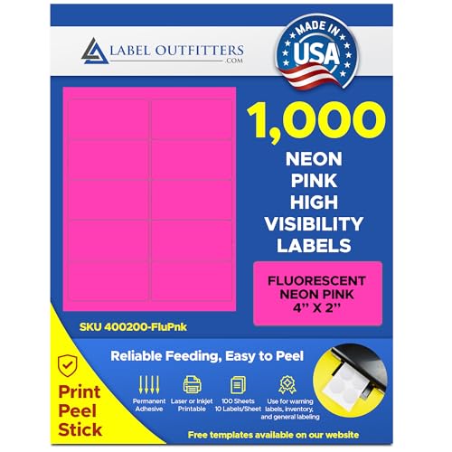 1,000 Label Outfitters Printable Fluorescent Neon Pink Inkjet Laser Printer Labels for Inventory Control, Product Signs, High Visibility Labels, 100 Sheets