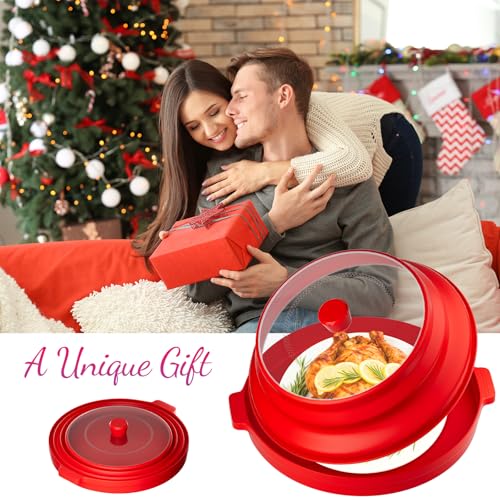 2 in 1 Microwave Splatter Cover for Food with Anti-scald Base Plate, Large Plastic & Silicone Collapsible Vented Food Guard Lid, Plate Holder & Kitchen Colander (Red) — view 2