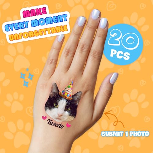 Image of Custom Cat Face Temporary Tattoos | Personalized Pre-Cut Photo, Birthday Hat and Cat Name or Text, Set of 20, Funny Party Favors, Cat Lovers