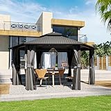 HAPPATIO 15' x 15' Hardtop Gazebo, Outdoor Hexagonal Gazebo with Galvanized Steel Roof, Aluminum Gazebo with Curtains and Netting, Metal Permanent Gazebos for Patios, Gardens, and Lawns (Gray)