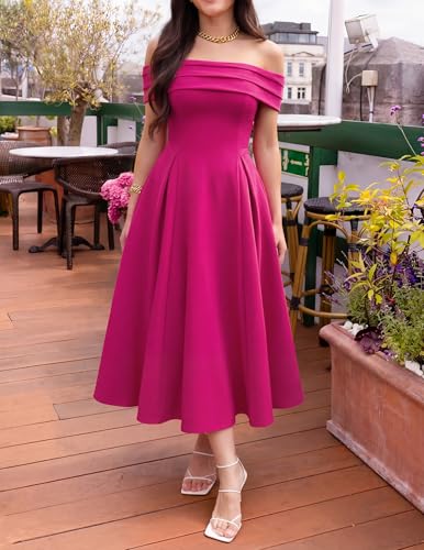 Image of ZESICA Summer 2026 Cocktail Dresses for Women's Off Shoulder Short Sleeve Swing A Line Wedding Evening Party Midi Dress