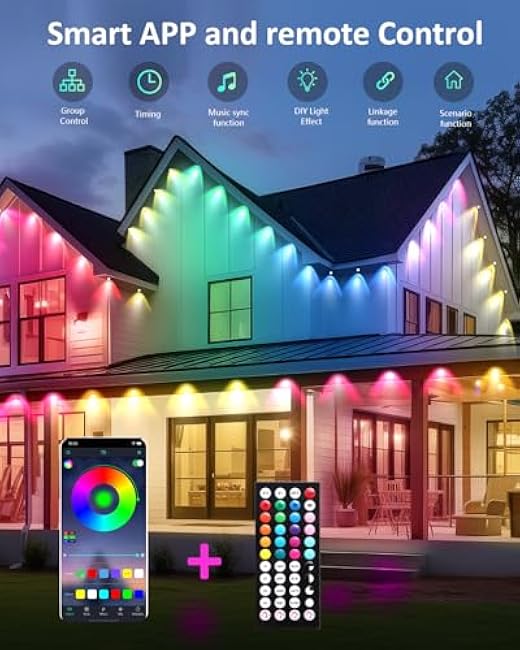 IVRICH 100FT Permanent Outdoor Lights, Smart RGB Eave Light with APP/Remote Control, IP67 Waterproof, DIY Scene Modes, Music Synchronization, Timer Function, for Christmas, Party, Holiday Decor