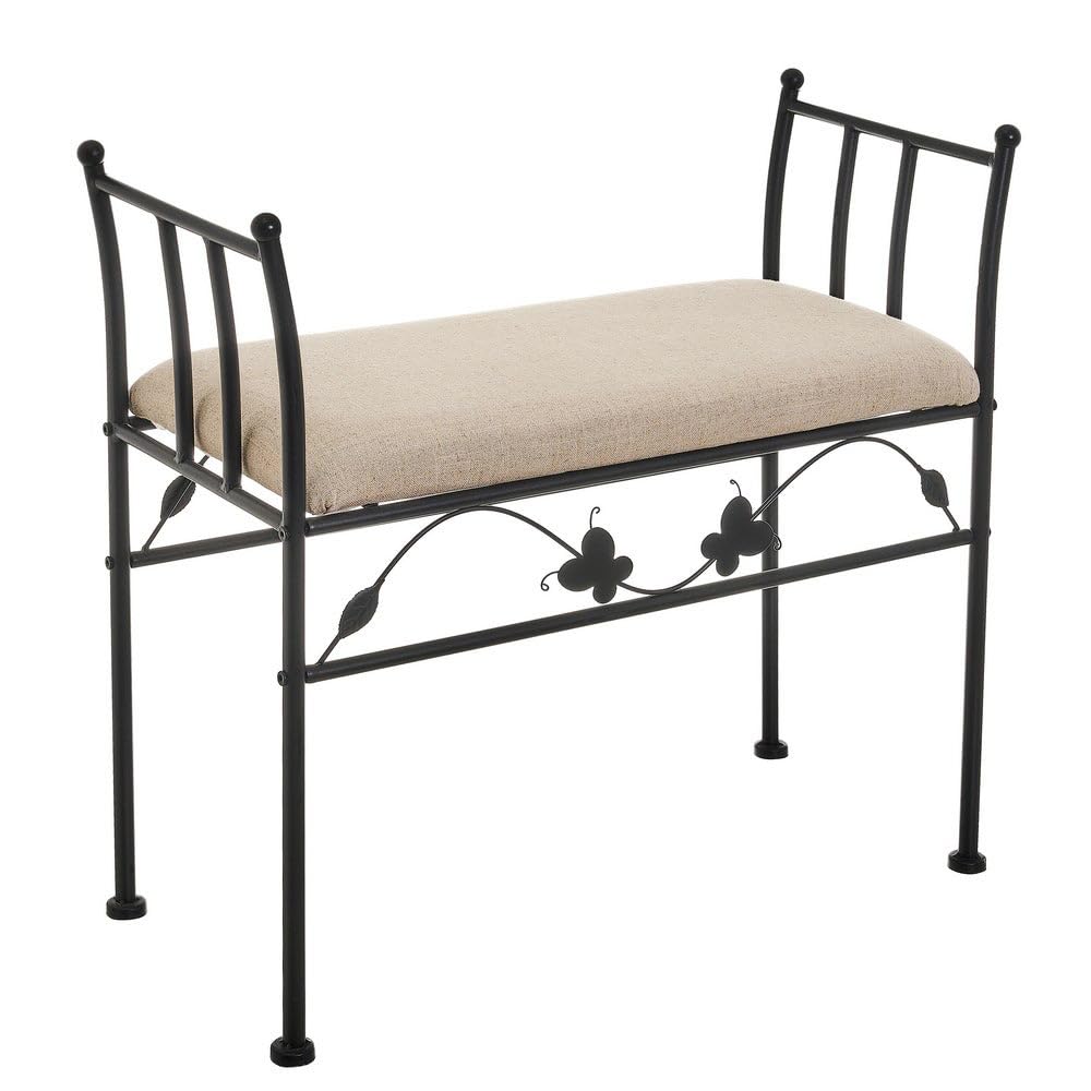 LOLAhome Banqueta para pie de Cama de Metal Negro y Asiento de Lino Beige | Taburete para dormitorio o vestidor de 68cm de largo y 30cm de ancho. Altura asiento 46cm. Altura total 64cm