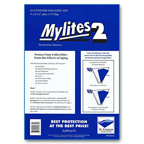 Mylites 2 Standard Magazine 2-Mil Mylar Bags; Size 9" x 11-1/2" Plus 1-1/2" Fold-Over Flap; Pack of 50 - for Magazines