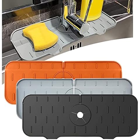 KINLYBO Silicone Faucet Mat, 3pcs Set Kitchen Sink Splash Guard Handle Drip Catcher Mat for Kitchen Bathroom Countertop - Black Grey Orange Cover