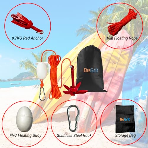 BeGrit Kit di Ancora Barca Kayak Pieghevole 0,7 kg Ancoraggio in Acciaio al Carbonio Ancorotto con Cima Grapnel Anchor per Canoe Jet Ski SUP Paddle Board con Corda da 10m e Borsa con Cordoncino