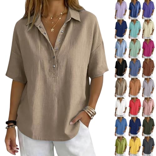 Chemisier Femme Chic et Élégant Vert Sauge Kaki Marron Violet Col V Boutonné Manches 3/4 Couleur Unie Ample Fluide Vetement Ete Tunique Grande Taille Tee...