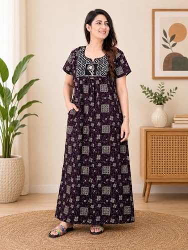 Image of Women's Pure Cotton Maxi Nighty, Jaipuri Embroidery Print, Short Sleeve Night Gown with Pocket