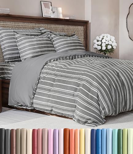 Image of Duvet Cover Full Size Set - Extra Soft Full Duvet Cover 80 inch x 90 inch with 2 Pillow Shams for Women, Men, Kids & Teens - Hotel Luxury w / Zipper Closures & Ties - Comfy, Cozy & Breathable (Grey Stripes)