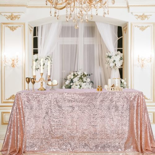 Image of Sequin Tablecloth Rectangle Party Desk Decor 60x102 Inch Blush Pink Fabric | Table Cloth Glitter Fabric Overlay for Indoor Outdoor Dining Baby Shower Wedding Parties Home Banquet