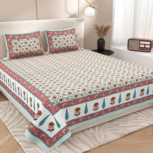 Image of Urban Jaipur 100% Cotton Bedsheet for Double Bed (90 x 108 Inches) | 210 TC King Size Bed Sheet for Double Bed with 2 Pillow Covers | Pure Cotton Jaipuri Bedsheet (Green, Red)