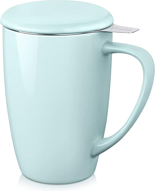 LOVECASA, kubek do herbaty 480 ml z zaparzaczem porcelanowym, duży kubek, herbata z filtrem ze stali nierdzewnej, kubek z pokrywką