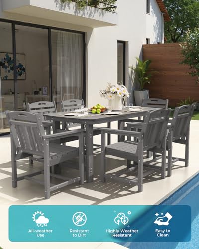 Image of Ciokea HDPE Outdoor Dining Table with Umbrella Hole,66 inch Rectangle Patio Table for 6,All-Weather Outdoor Patio Furniture Set for Garden Backyard,Grey