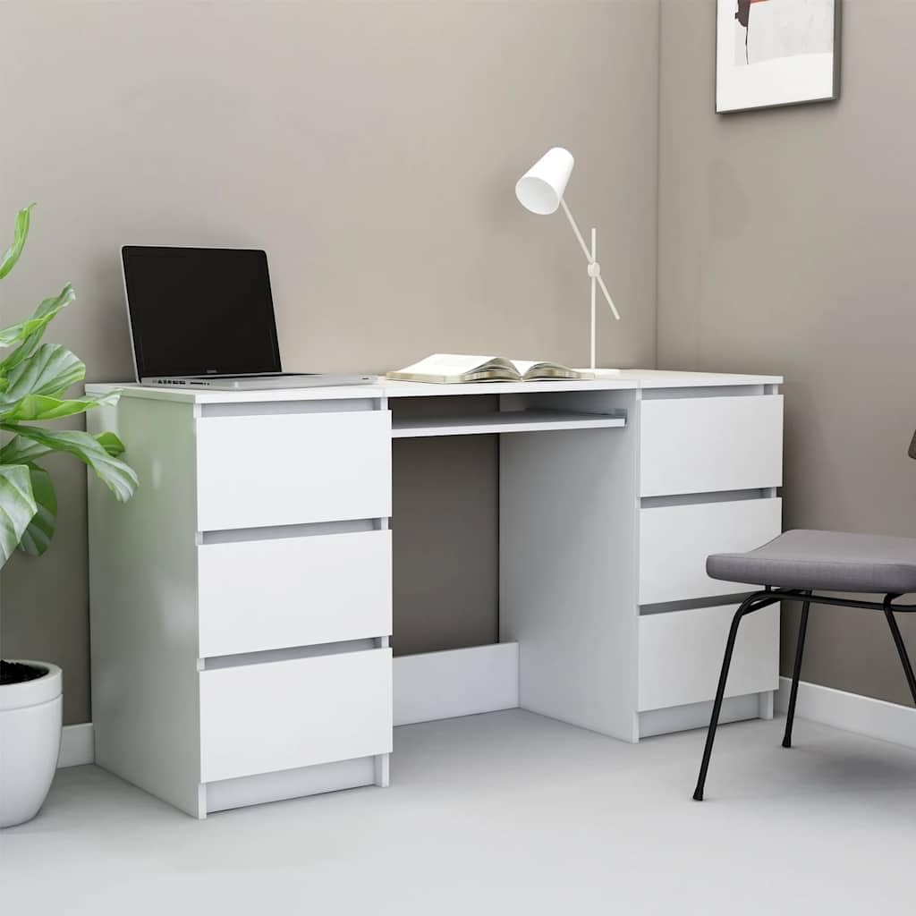 Białe biurko z materiału drewnopochodnego 140 x 50 x 77 cm z 6 szufladami do domowego biura, gabinetu i biura, zajmuje mało miejsca jako stolik komputerowy z miejscem do przechowywania