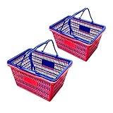 Stackable Plastic Shopping Baskets, Red and Blue, Easy-Grip Handles for Grocery, Retail, Liquor Stores, Home Use (4-pack, Red & Blue Assorted)