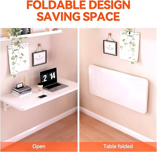 Image of Floating Desk for Home, Office, Study, Kitchen, and Dinner Computer Bar Laundry Room Wall Mounted Folding Table Wall Mounted Folding Desk for Space Saving (ITALIK-White)