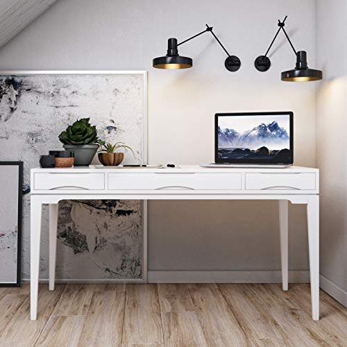 Image of SIMPLIHOME Harper Desk - 60 Inch Wide Solid Wood Writing Desk in White, Mid-Century Modern Home Office Computer Table for Workspace or Study with 2 Drawers and Flip-Down Keyboard Tray