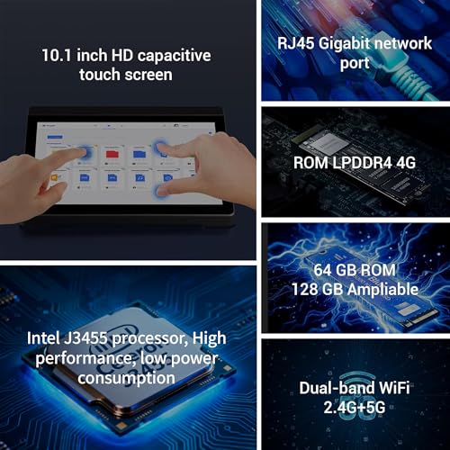Image of 10.1 inch Industrial Touchscreen Mini PC with Battery, Win 10 Mini-Desktop J3455 4GB RAM, 64GB ROM eMMC, 4K Display Output HDMI 1.4, RS232 Dual-Band WiFi 5 for POS, Kiosk, Digital Signage