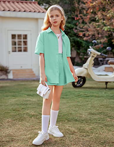 Flypigs Girls 2 Piece Linen Set Kids Outfits Cotton Button Down Short Sleeve Collared Shirt And Casual Shorts Set 6-13 Years #TOP1