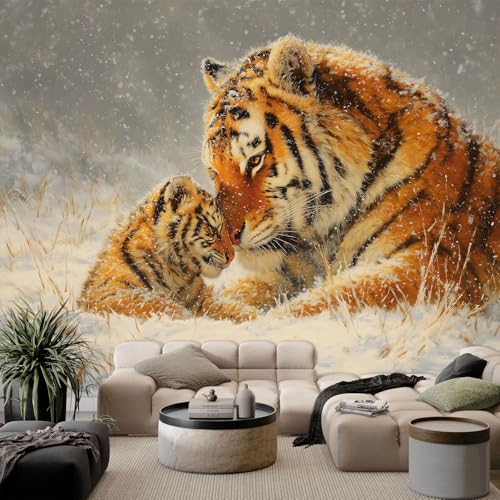 Générique Papier Peint Scène Neige Animal Tigre Panoramique 3D Jaune Papier Peint Murale pour Enfant Chambre Salon Décoration Intérieure Poster Mural XXL...