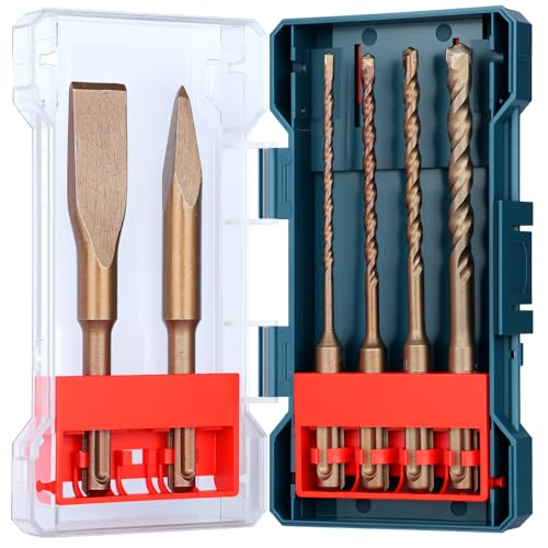 TGFTGF 6-Piece Rotary Hammer Drill Bit and Chisel Set, YG8C Carbide Tip, SDS Plus Concrete Drill Bits, Masonry Drill Bit Set for Stone Brick with Storage Case, Ideal Tools for DIY Home Gift Men Friend