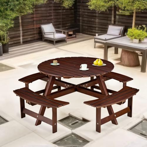 CKEASEAN 8 Person Wood Picnic Table, Outdoor Round Picnic Table with 4 Built-in Benches, Umbrella Hole, Outside Table and Bench Set for Patio, Backyard, 500lbs Capacity Per Bench (8 Person, Brown)