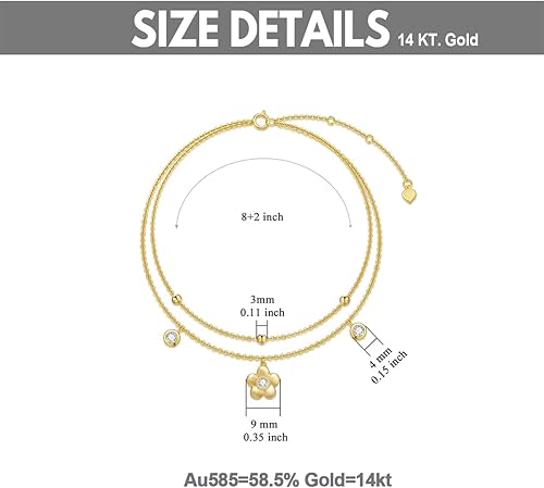 Miniatura 3 de Tobilleras de oro de 14 quilates para mujer, oro real, pulsera de tobillo con flores, joyería de tobillo, regalo de cumpleañosNavidad para esposa,