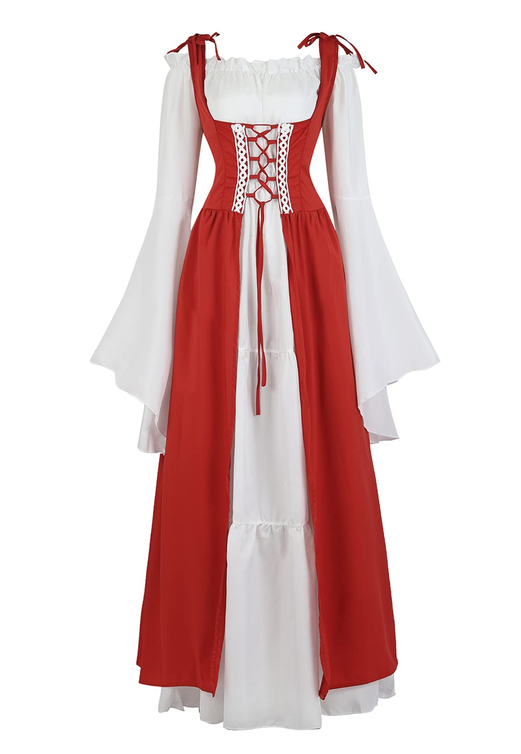 Womens Renaissance Dress Costume with Bell Sleeves and Lace Up Front