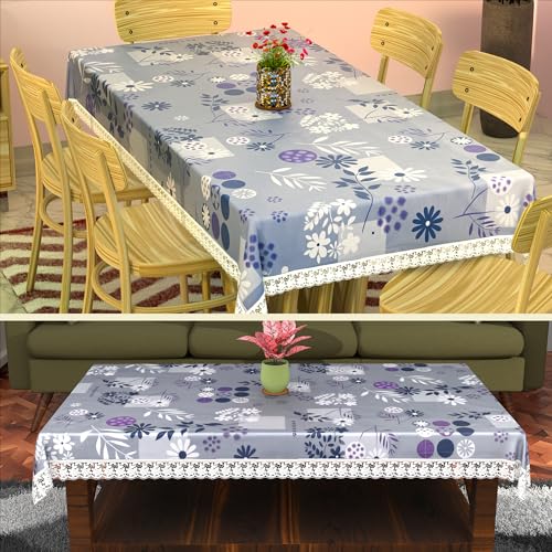 Image of Kuber Industries PVC 60x90 Inch 6 Seater Table Cover Cloth | Dining Table Cover /Sheet for Party and Events | Flower Circle Print - Grey