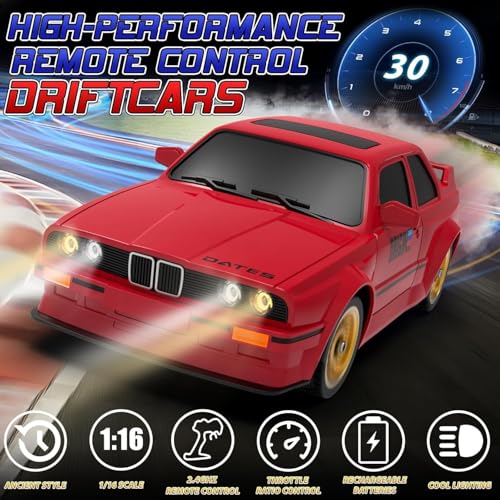 Image of Rc Drift Remote Control Car 1:24 Scale, High-Speed, 4Wd, Lights, Rechargeable Racing Car, Drifting Tires, 2.4Ghz, for Kids (B.M.W. RC Drift Car-Red)