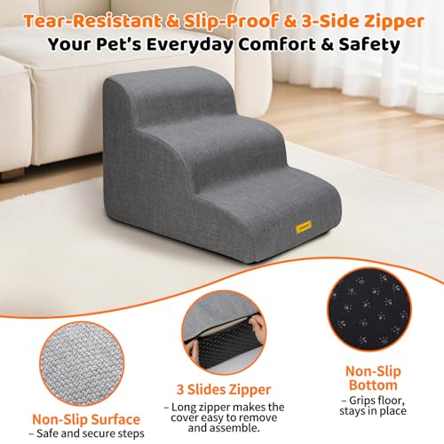 Gimars Hundetreppe mit 30D Hochdichtem Schaum & Extra-Breiten Stabilen 3 Stufen 40 cm hoch, Abnehmbarem Waschbarer Bezug, Rutschfestem Boden, Tragbare Rampe für Kleine Hunde zu Sofa, Bett, Auto