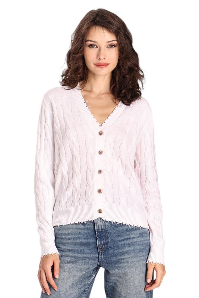 Image of Minnie Rose Women's Long Sleeve V Neck Cotton Frayed Cardigan Sweater