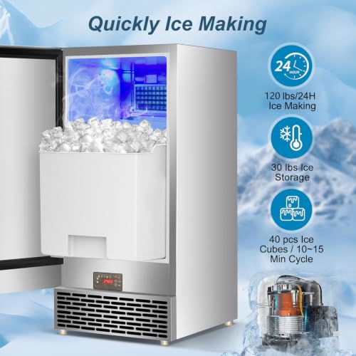 Image of Commercial Ice Maker Machine 120 LBS /24H, 30 LBS Cold Preservation Bin for 4-6H, Undercounter Ice Maker Stainless Steel, 40 Ice Cubes /8-15 Min Ice Machine, Set Ice Thickness, 24H Timer for bar, Cafe