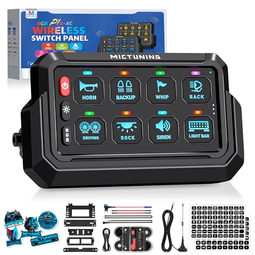 MICTUNING P1s-AC Wireless RGB 8 Gang Switch Panel, 433MHz Remote Control Range Up to 165FT Plug and Play 12V Multifunction Toggle Momentary Strobe Pulsed Circuit Control Relay System Box for Car RV