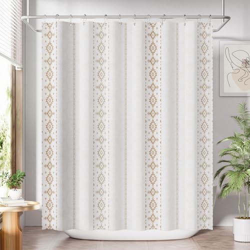 Image of AmazerBath Boho Shower Curtain, Boho Cloth Shower Curtain with 12 Hooks, Hotel Quality Washable Rustic Farmhouse Polyester Fabric Bathroom Shower Curtain Set, 72x72 Inches