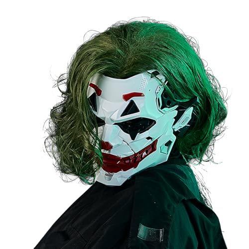 IUUBVV Futuristic Clown Mask with Green Wig White and Red Cyberpunk Style Face Mask Halloween Costume Accessory