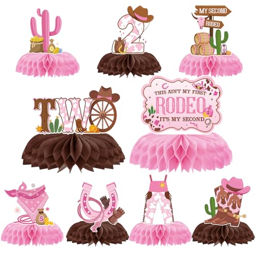 Image of This Ain't My First Rodeos It's Second 2nd Birthday Decorations | 9 Pcs Cowgirl Honeycomb Centerpieces Pink Western Two Years Old Party Supplies for Girl Photo Backdrop Table Decor