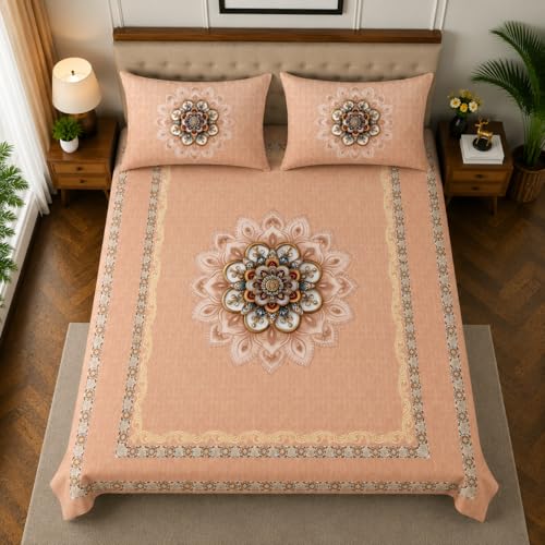 Image of 7D Digital Printed King Size Bedsheet with 2 Pillow Covers | Soft Premium Cotton Feel Microfiber Double Bed Bedsheet |Breathable,Wrinkle Free & Fade Resistant|(SeaPeach, KingSize-225x250CM)