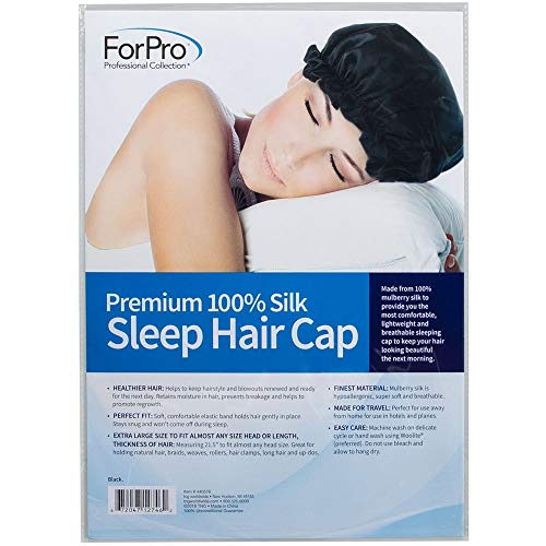 ForPro Premium 100% Silk Sleep Hair Cap, Black, Lightweight, Breathable Sleeping Cap