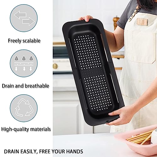 Image of KesaPlan Collapsible Sink Colanders and Strainers Basket Extendable Plastic Fruit Vegetable Strainer Drainer Basket for Kitchen (Length 13.6 inch-18.7 inch) (black)