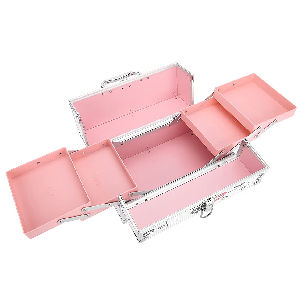 Jiawu Scatola Porta Cosmetici Portatile con Manico, Custodia Organizer per Trucco Donna di Grande capacità - Pelle PU e Alluminio, Custodia Multilivello per Gioielli, Resistente Alla Ruggine, 3