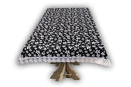 Image of The Furnishing Tree Waterproof PVC Rectangle Shaped 2 Seater Table Cover WxL 45x70 inches Floral Pattern White Black with White Border lace