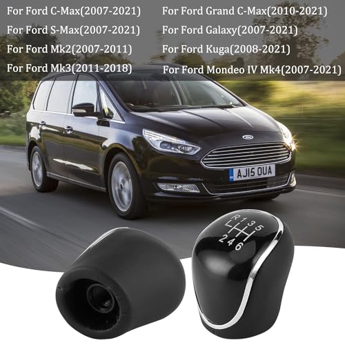 Juttzzei Ford Schaltknauf Manuell 6-Gang für Focus, Fiesta Mk2/3/4, C-Max, S-Max, Kuga, Mondeo IV, Galaxy Facelift - Verbessert PU Leder Schwarz