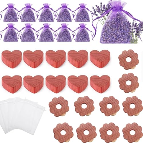 10 Bolsitas de Flores de Lavanda Seca con 20 Anillos de Cedro 100% Naturales–Ambientadores para Armarios, Repelentes de Polillas,Apto para Almohadas,Coches,Zapateros y Armarios–Bolsa Incluida