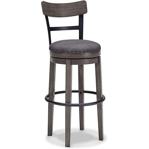 Signature Design by Ashley Caitbrook 30" Farmhouse Bar Height Upholstered Swivel Barstool, Gray