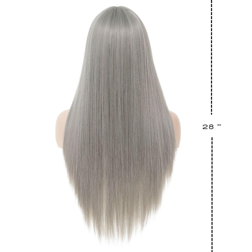 Grey Long Straight Womens Wig With Bangs Synthetic Heat Resistant Fiber Wig For Daily Cosplay Halloween Party Use